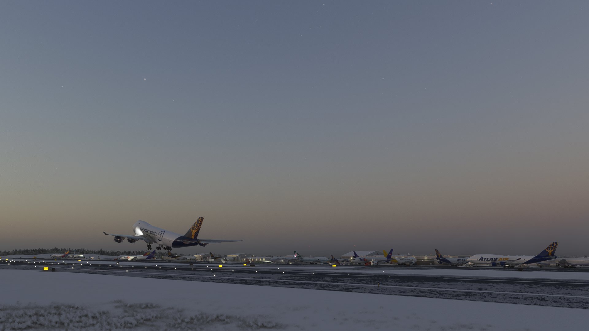 A Boeing 747-8 Cargo aircraft departs an international airport with other cargo aircraft on the ramp in view