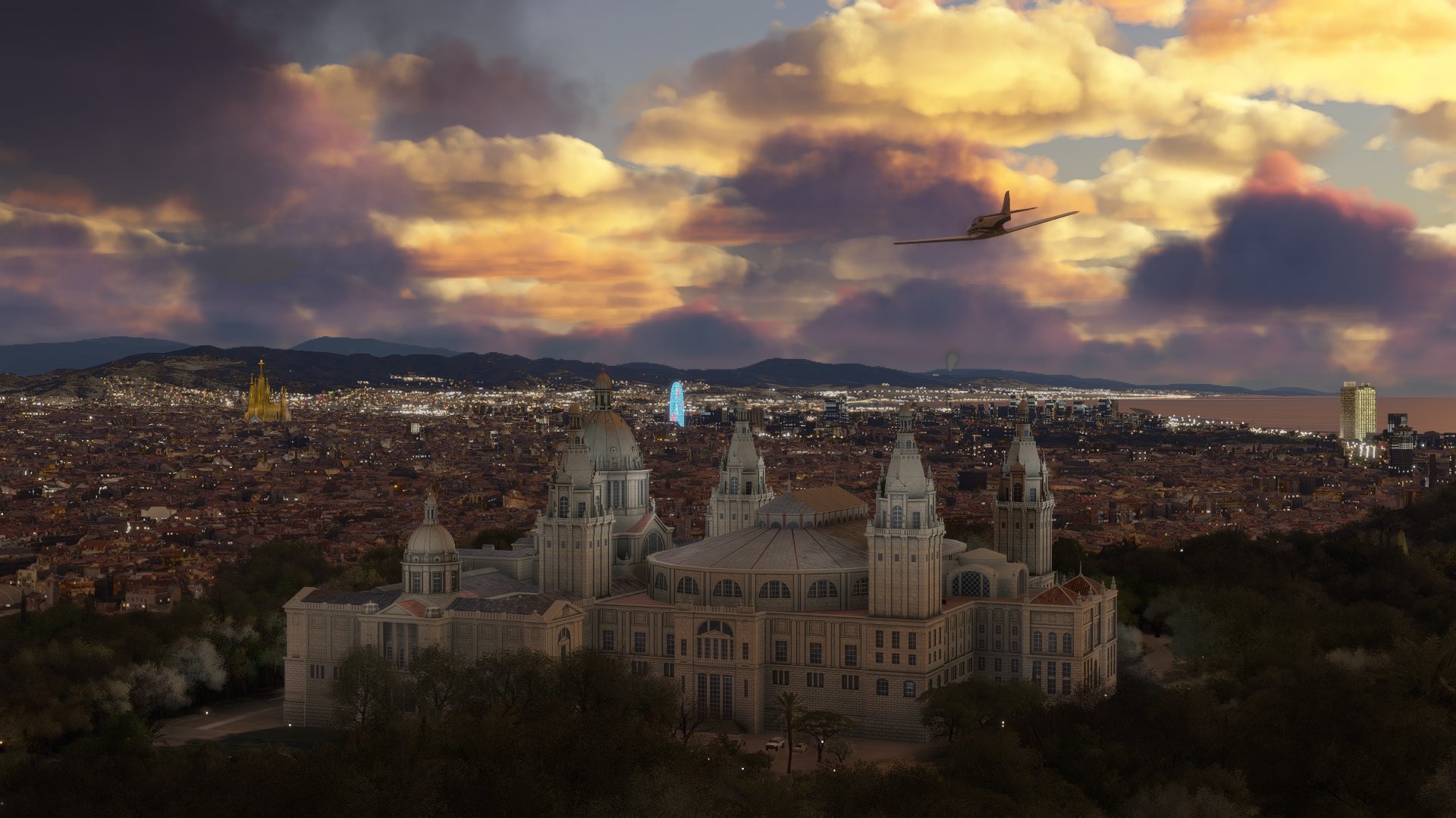 A low wing prop plane passes over the city of Barcelona