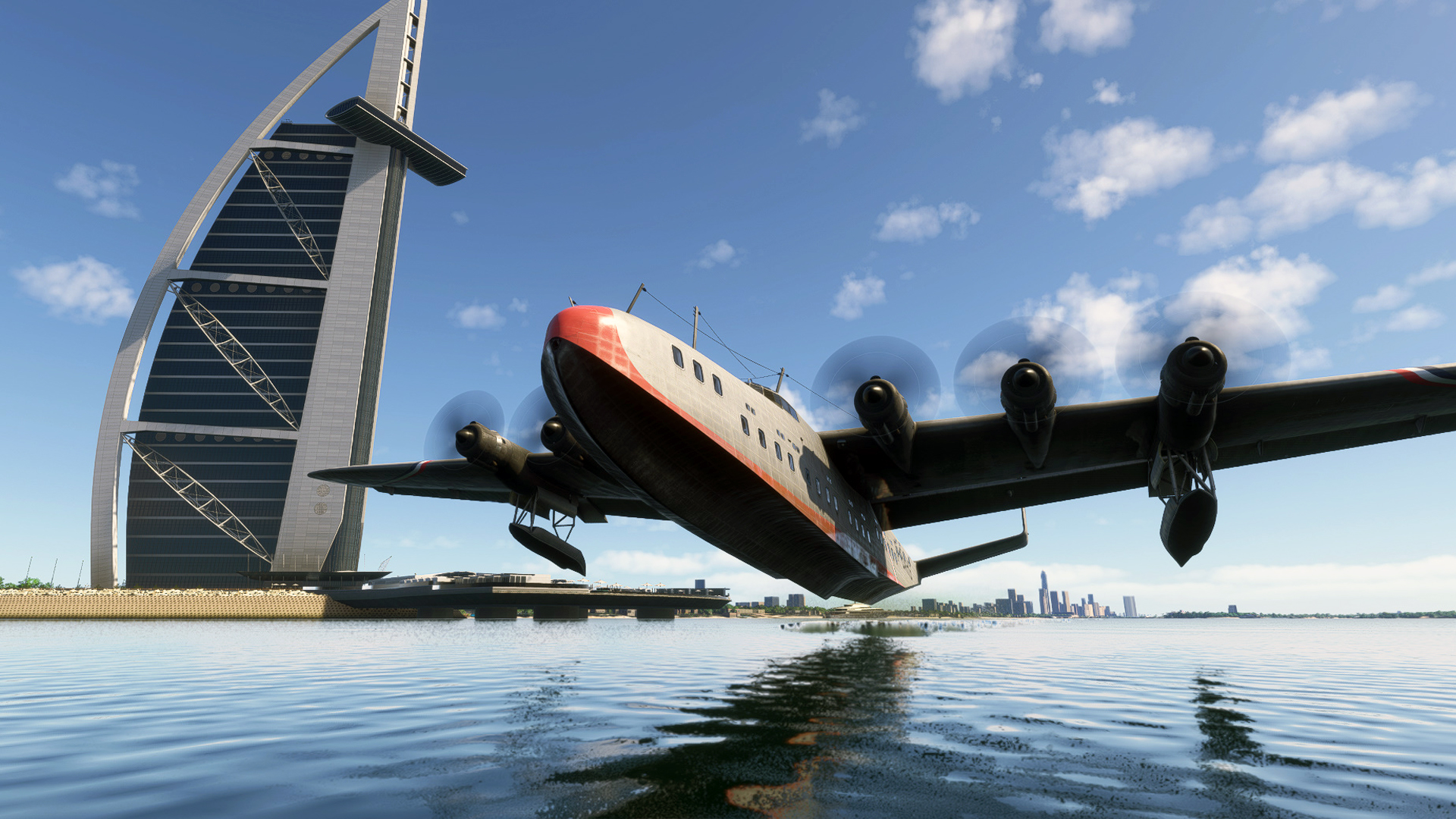 A retro prop aircraft skims the water by the city of Dubai