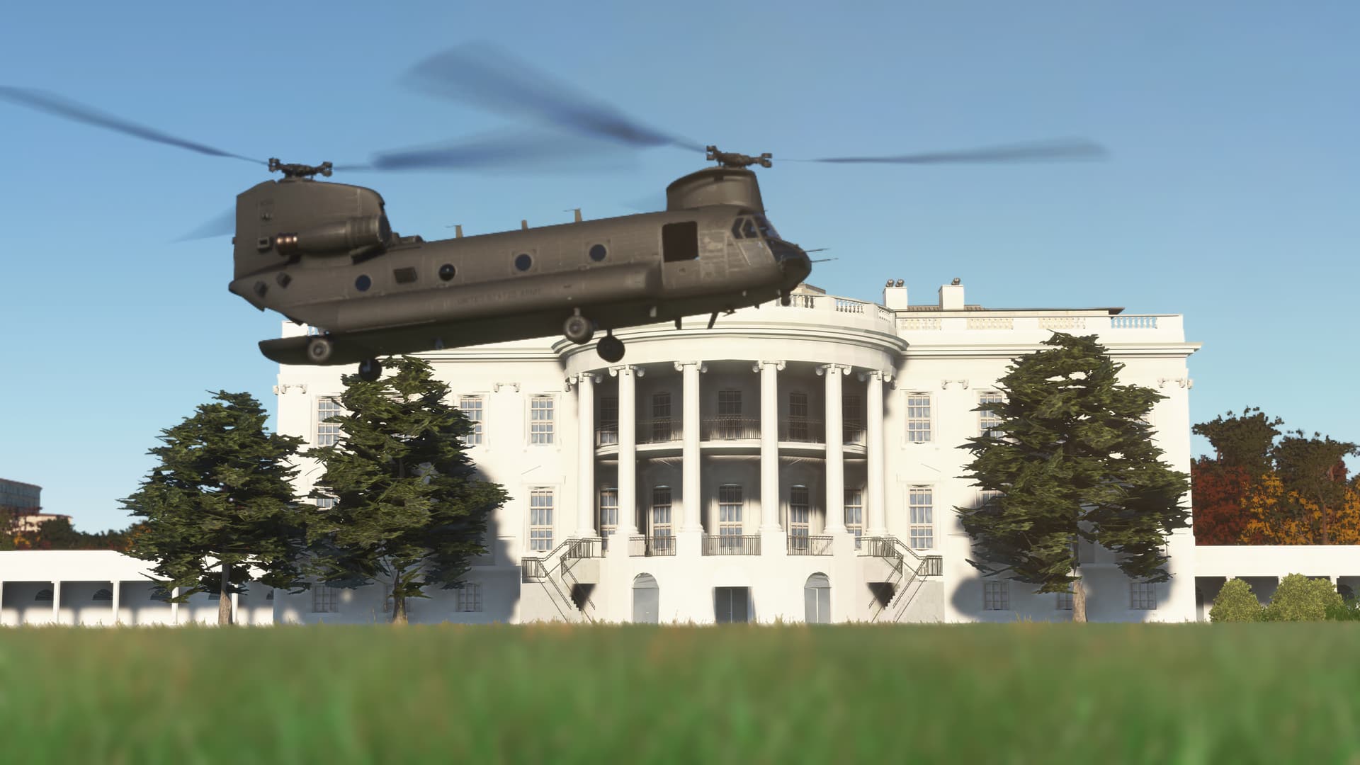 A Chinook comes into land on the lawn outside of the White House