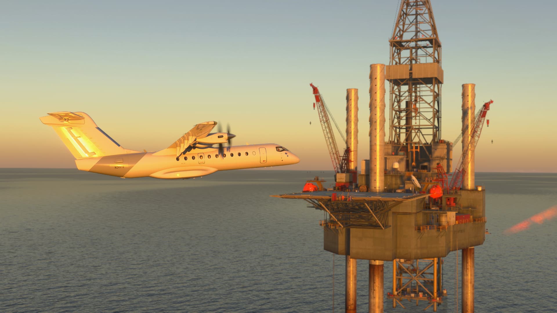 An electric powered prop airliner flies past an oil rig