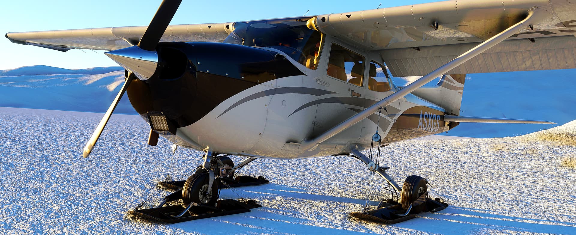 A Cessna 172 with snow skids attached sits with flaps extended on the snow