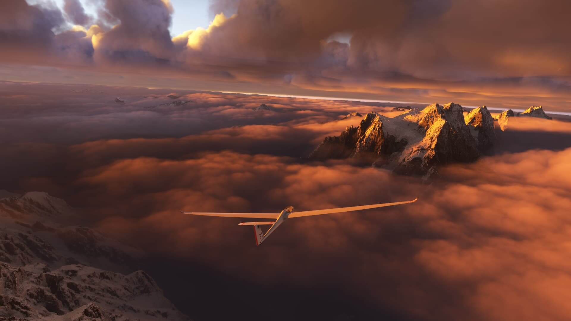 A glider flies above overcast clouds with mountains peaking through during golden hour