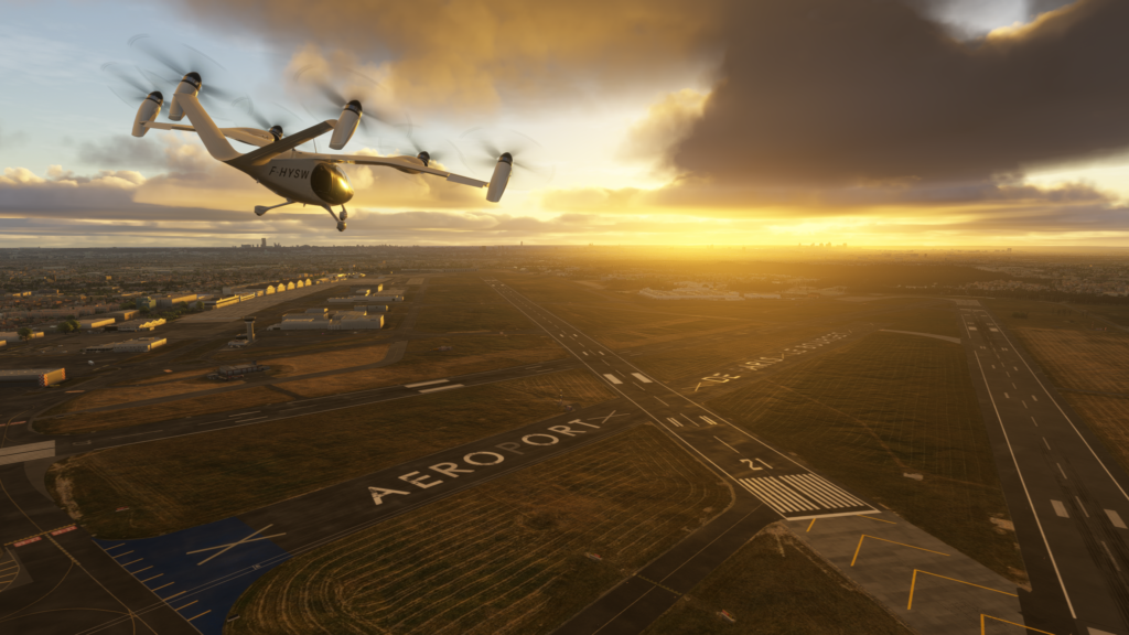 The Joby S4 cruises towards the sun whilst flying over Le Bourget airport, France