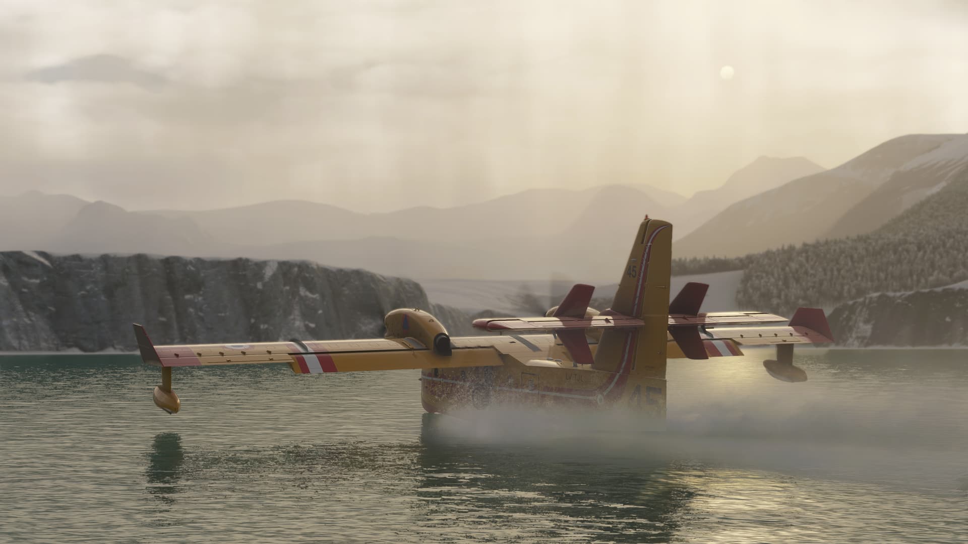 A CL-415 fire fighting aircraft touches down on a plain of water