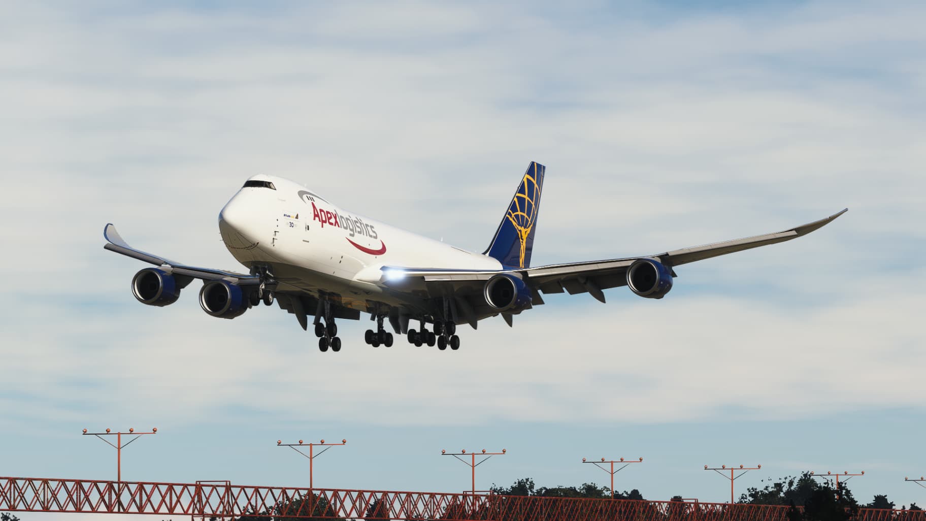 A Boeing 747-8 Cargo aircraft comes into land with landing gear and flaps deployed