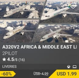 A320V2 AFRICA & MIDDLE EAST LIVERIES by 2PILOT. USD 4.99 (on sale for 1.99)