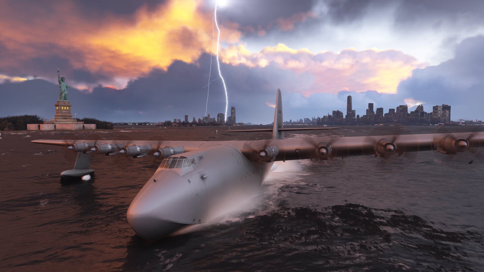 A silver propeller aircraft glides in the water near New York with a lightning bolt striking the ground behind