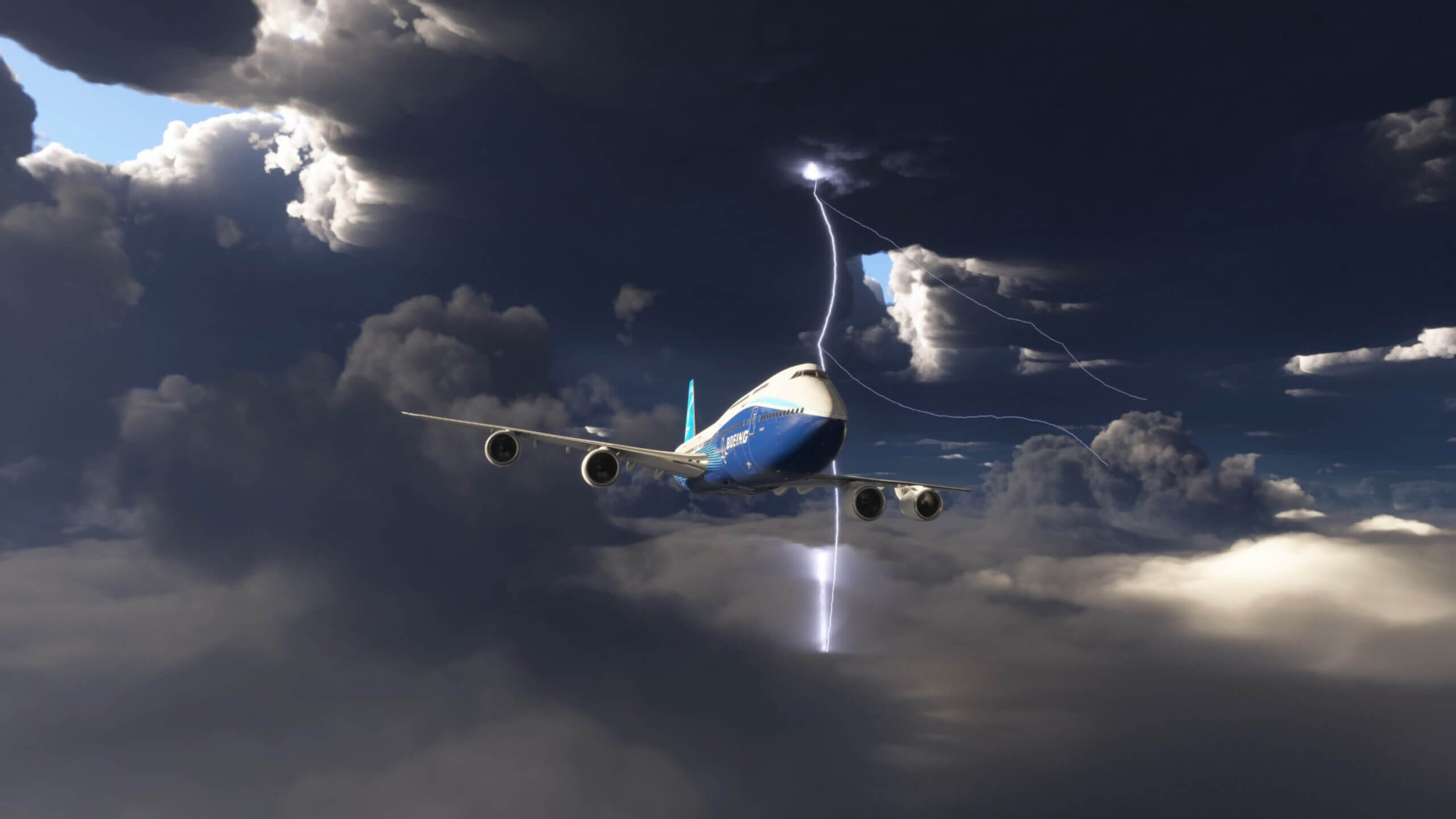 A Boeing 747-8 at cruise with lightning striking behind