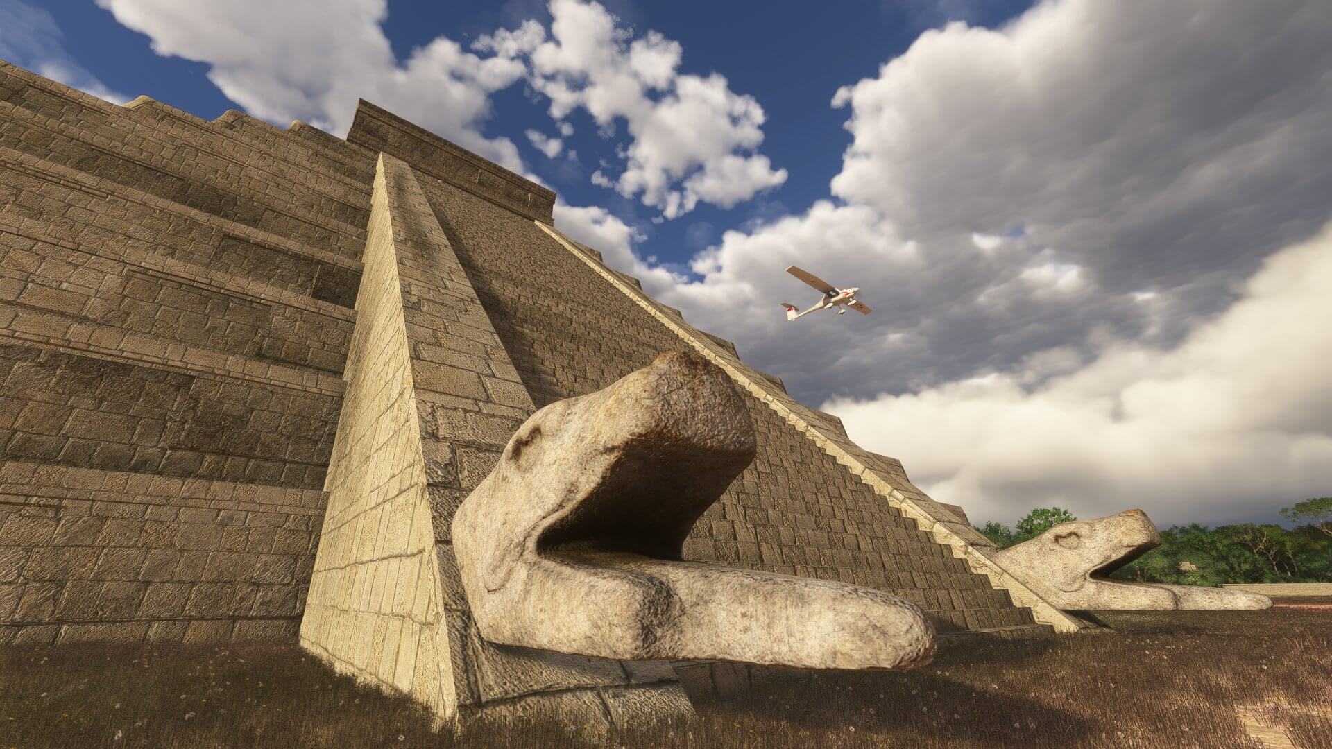 A small general aviation propeller aircraft passes over an ancient monument