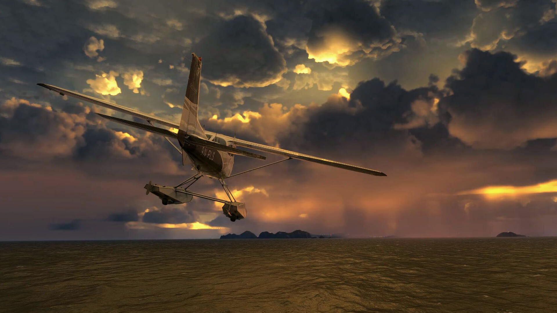 A Cessna 172 with water floats flies low over water with a storm in view ahead