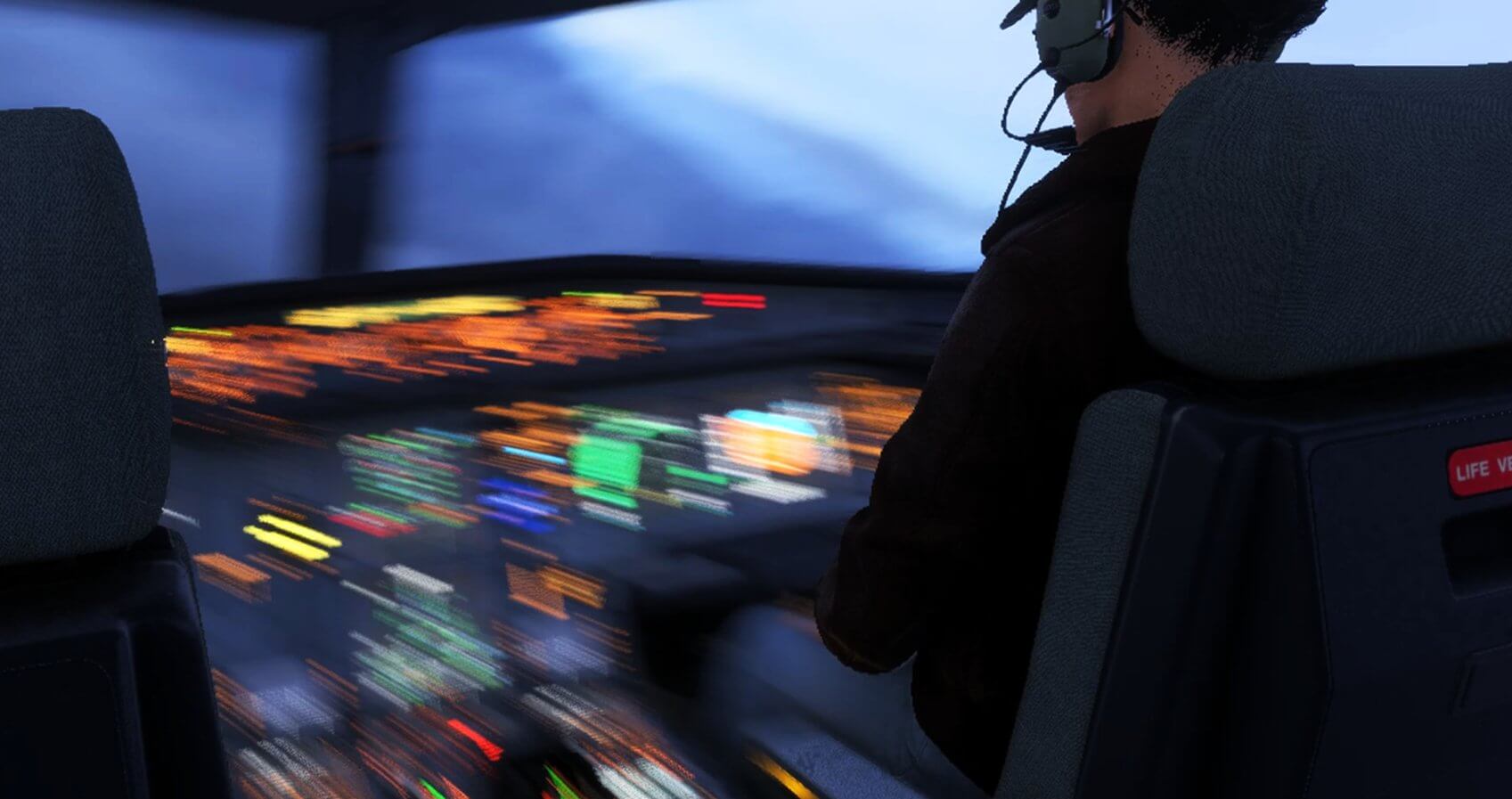 An interior cockpit view of an aircraft's instrument panel. The screenshot is out of focus for a blurry, artistic effect.