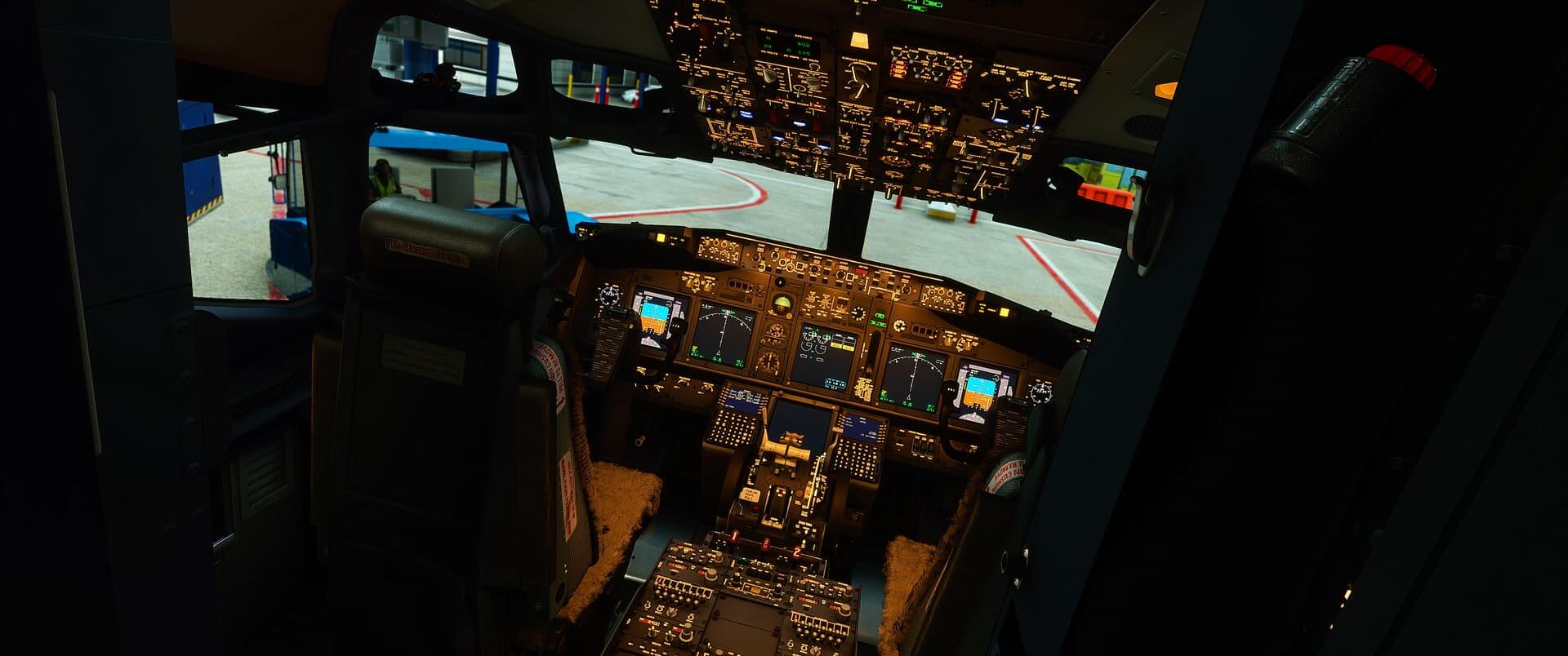 A view of the flight deck of a Boeing airliner.