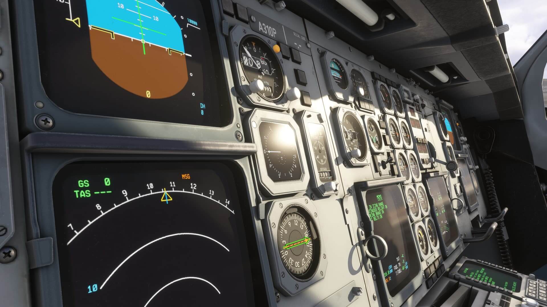 An interior cockpit view of an aircraft's instrument panel.