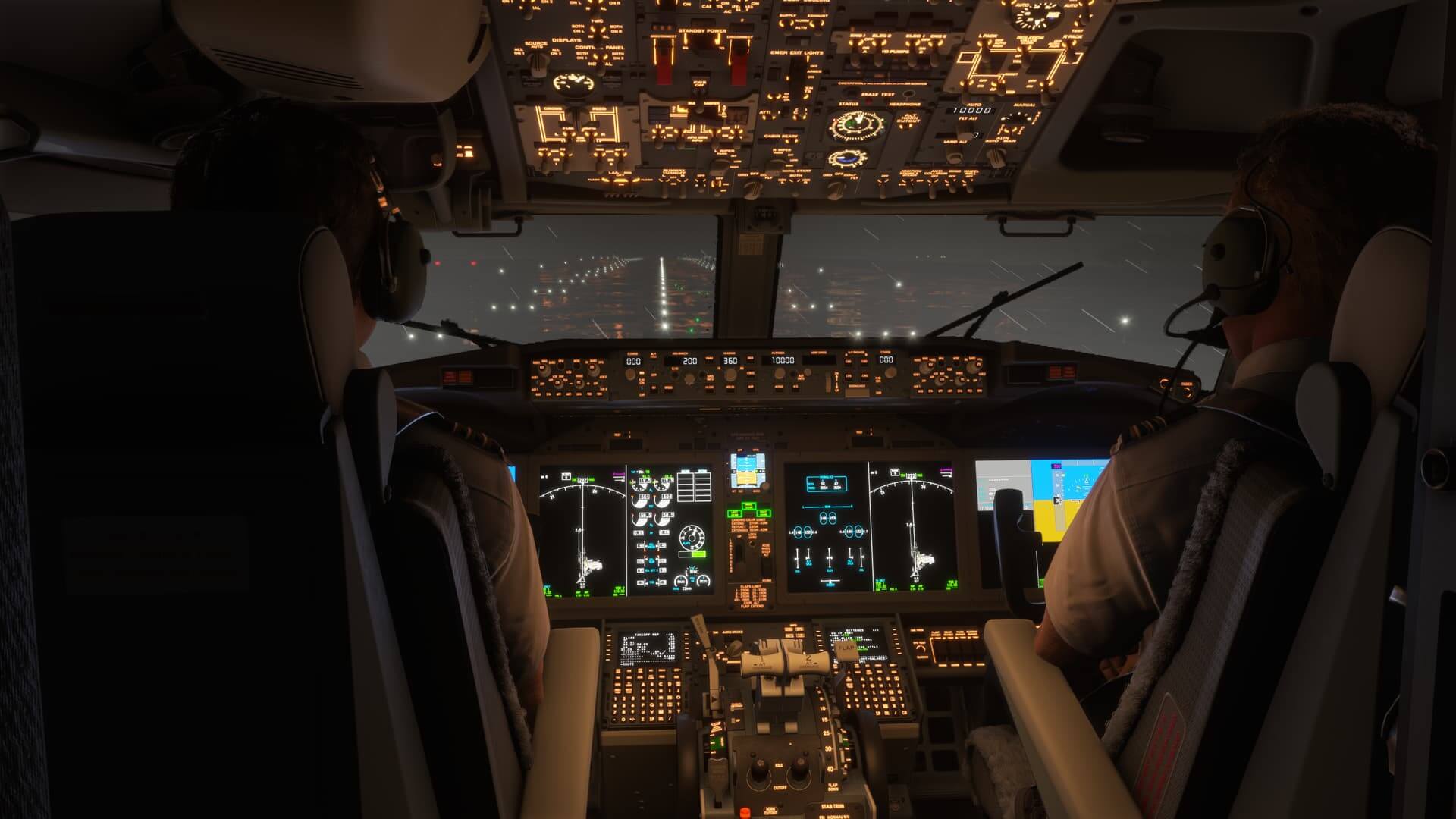 The view from the back of a Boeing 737 MAX flight deck as it lines up for takeoff on a runway at night