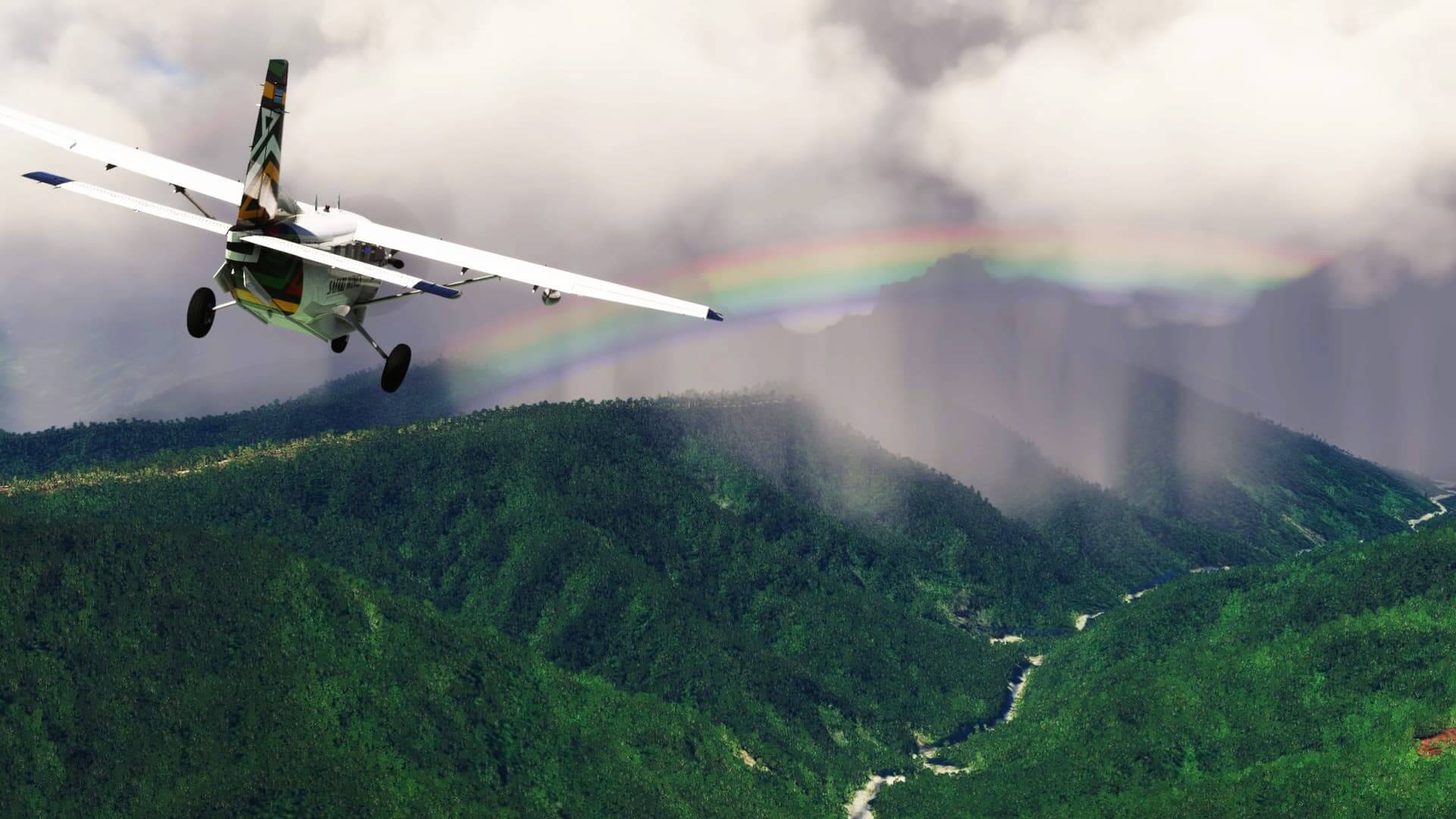 A Cessna Caravan flies towards a rainbow and rainy storm clouds