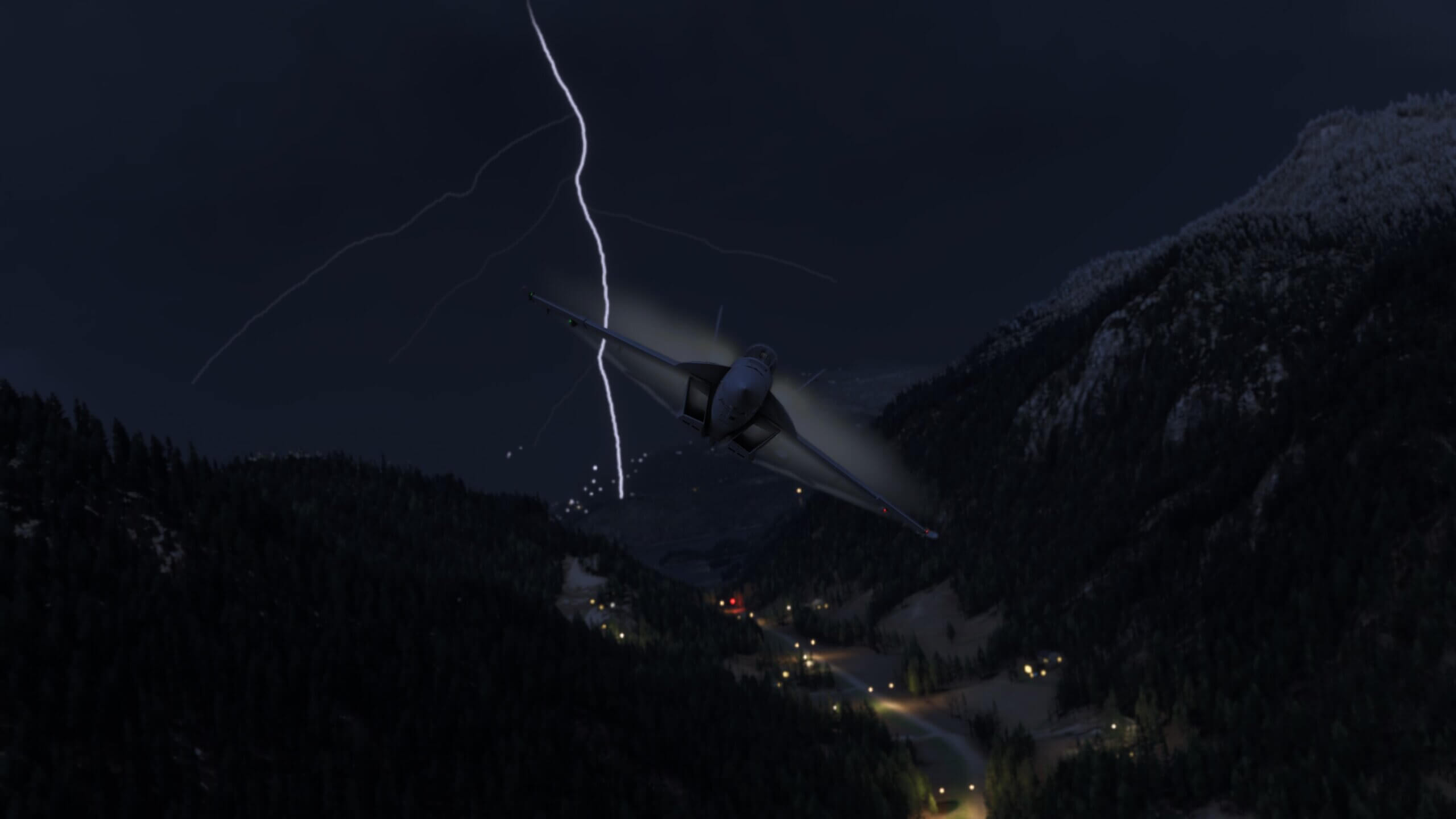 An F-18 passes through a mountain range with a lightning bolt striking behind