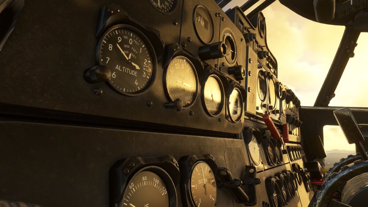 An interior cockpit view of an aircraft's instrument panel.