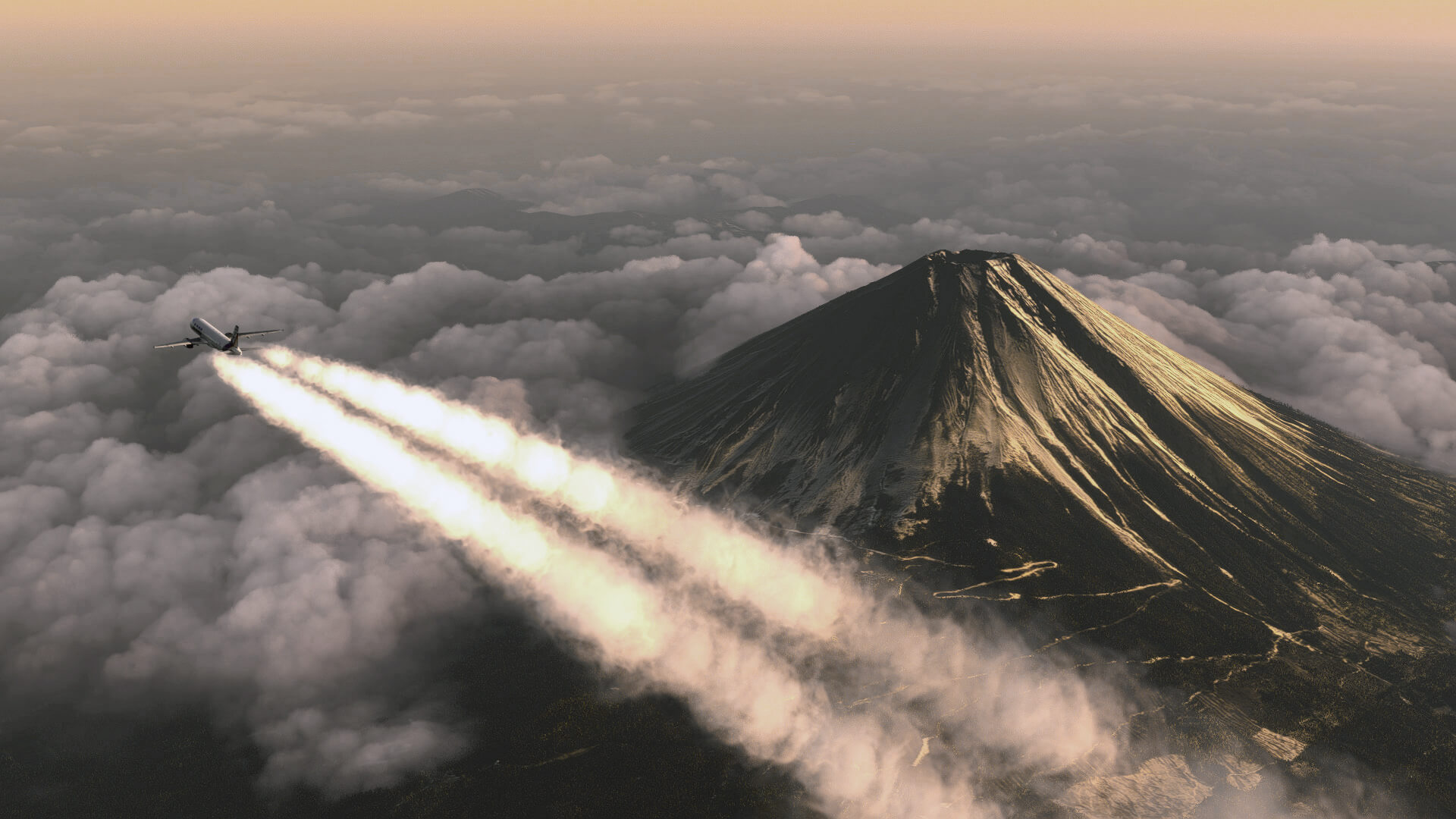 The contrails of an Airbus in cruise passing Mount Fuji, Japan