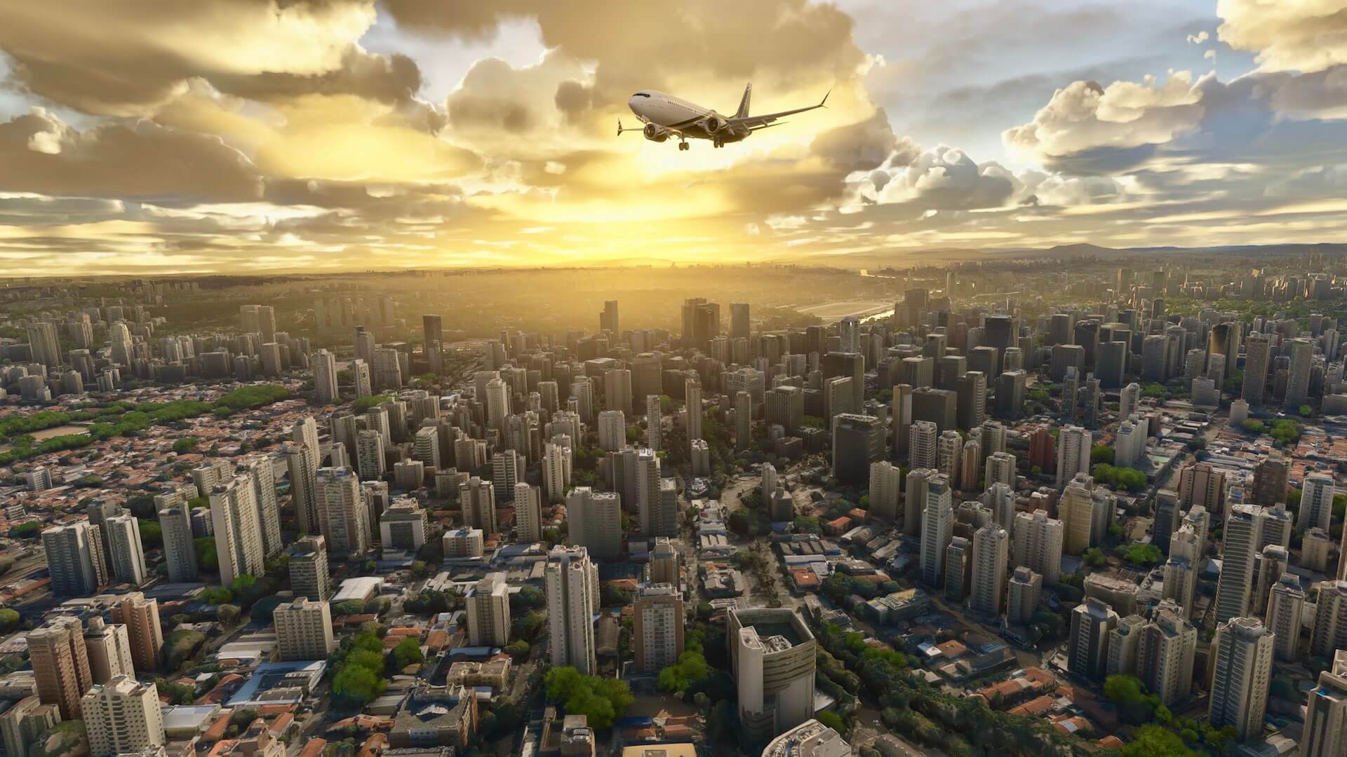 A Boeing 737 MAX flies with gear and flaps down over a busy cityscape