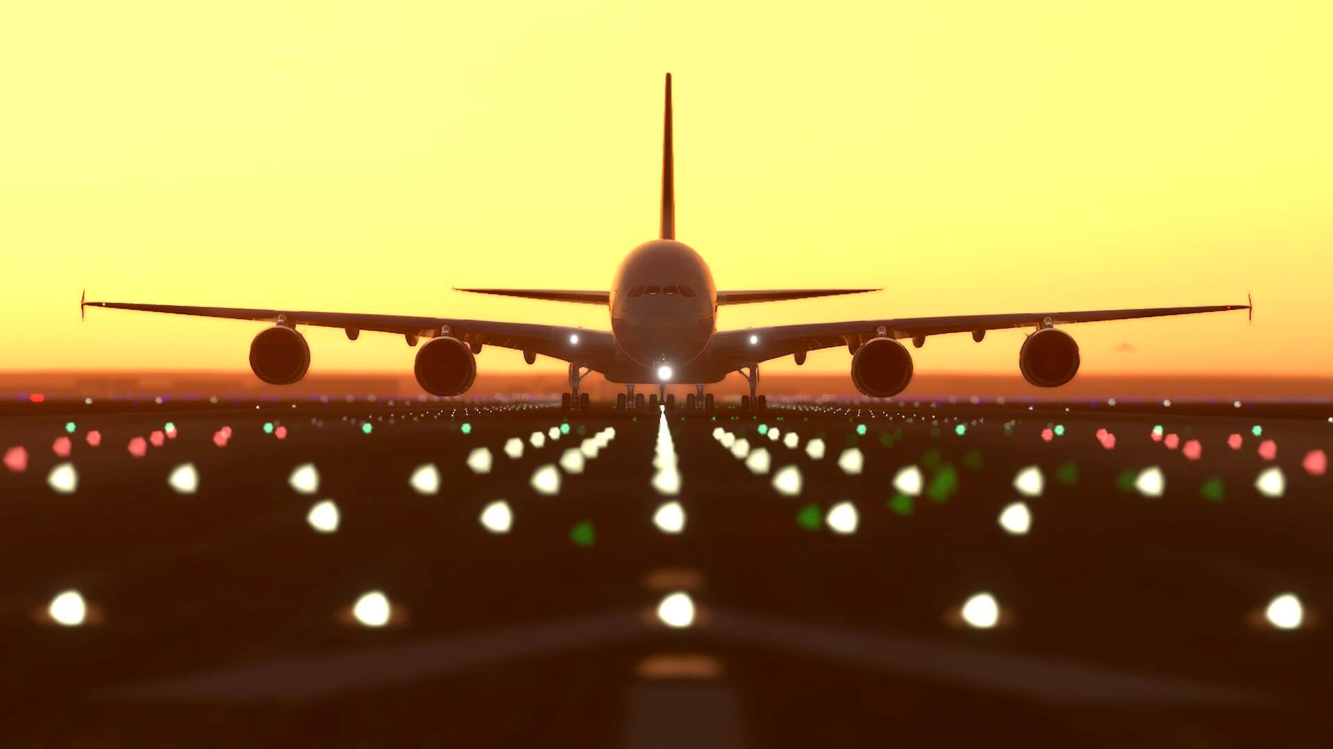 An Airbus A380 on a runway during golden hour