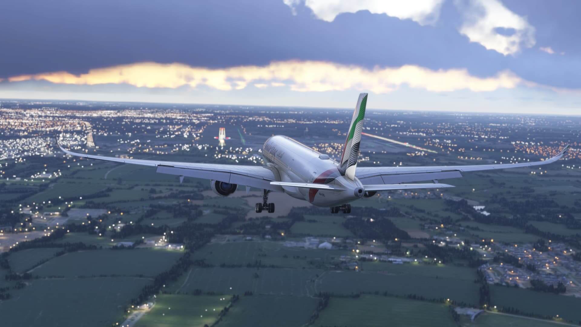 An Emirates Airbus A350 is fully configured with landing gear and flaps down on approach to land