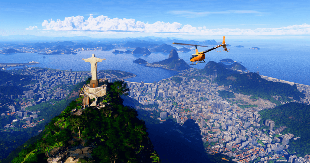 An orange helicopter flies above Rio de Janeiro.