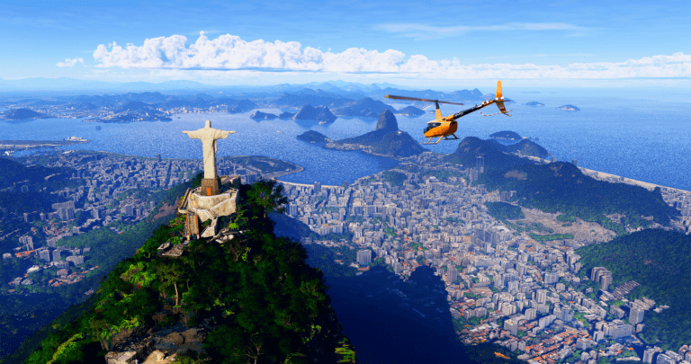 Brazil: An orange helicopter flies above Rio de Janeiro.
