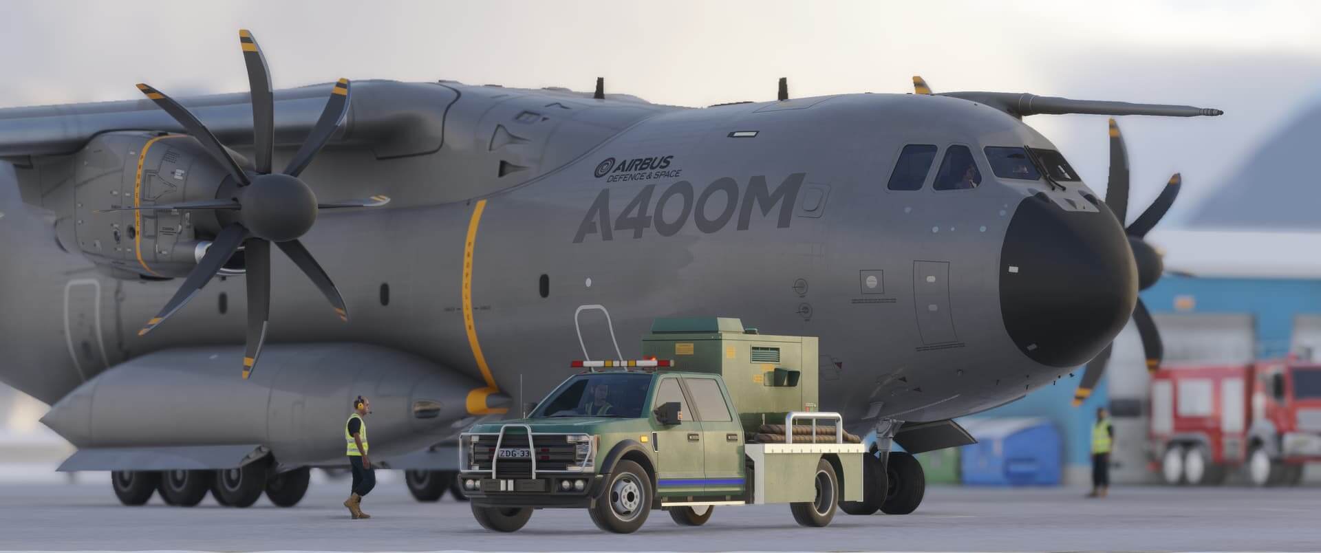 An Airbus A400M preparing for flight on an airport apron