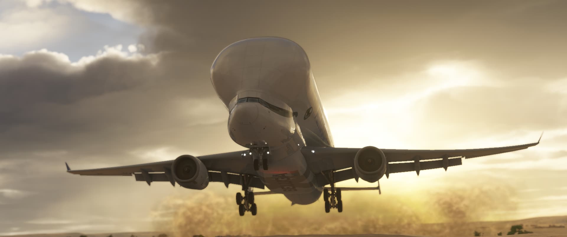 An Airbus BelugaXL kicks up dust whilst passing low