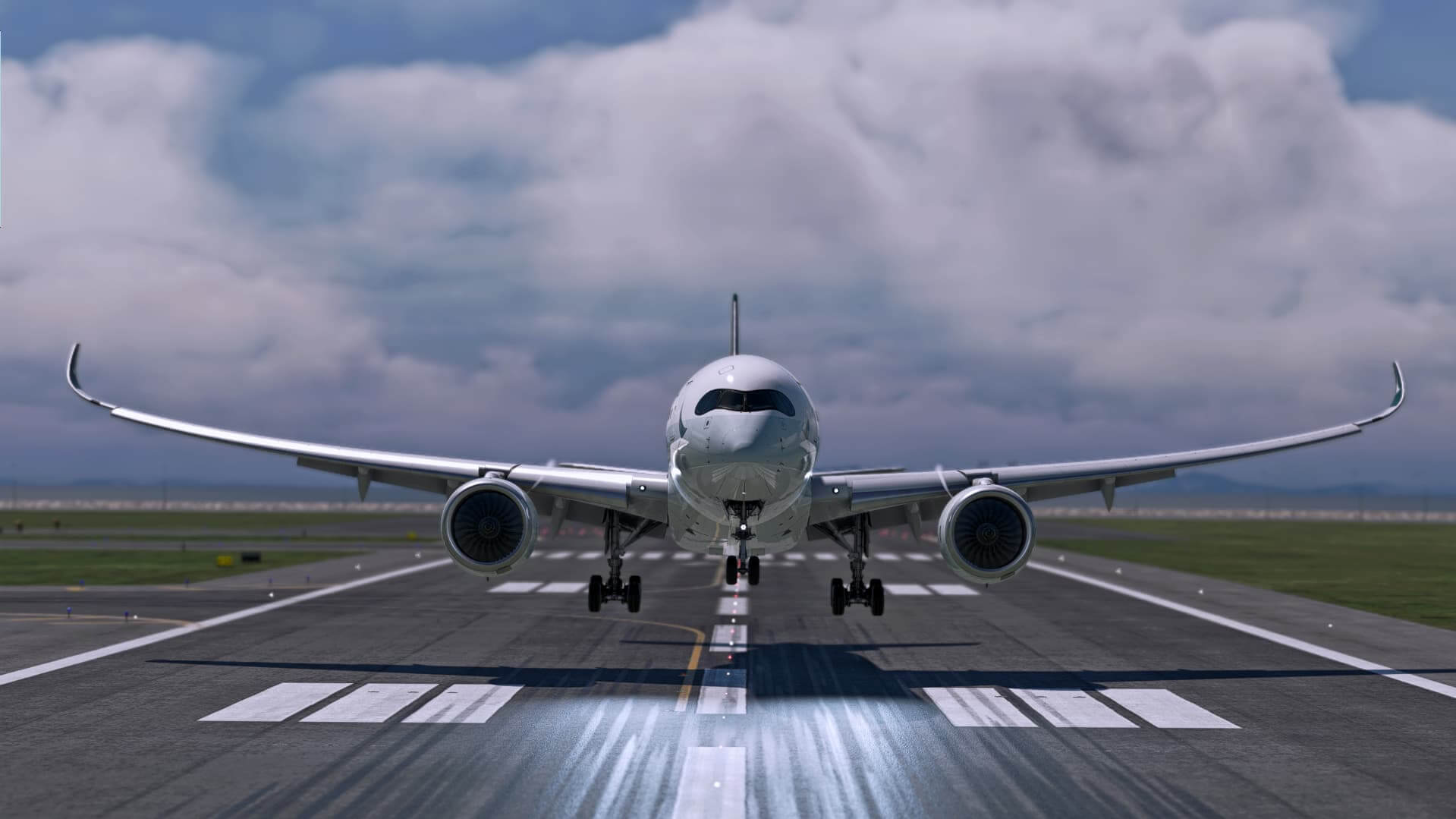 An Airbus A350 flares for landing on a runway