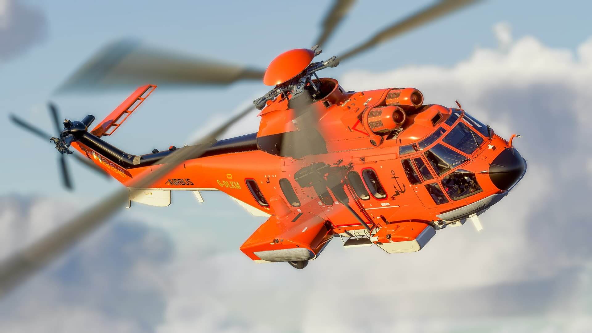 An Airbus H225 in orange paint scheme banks right in flight