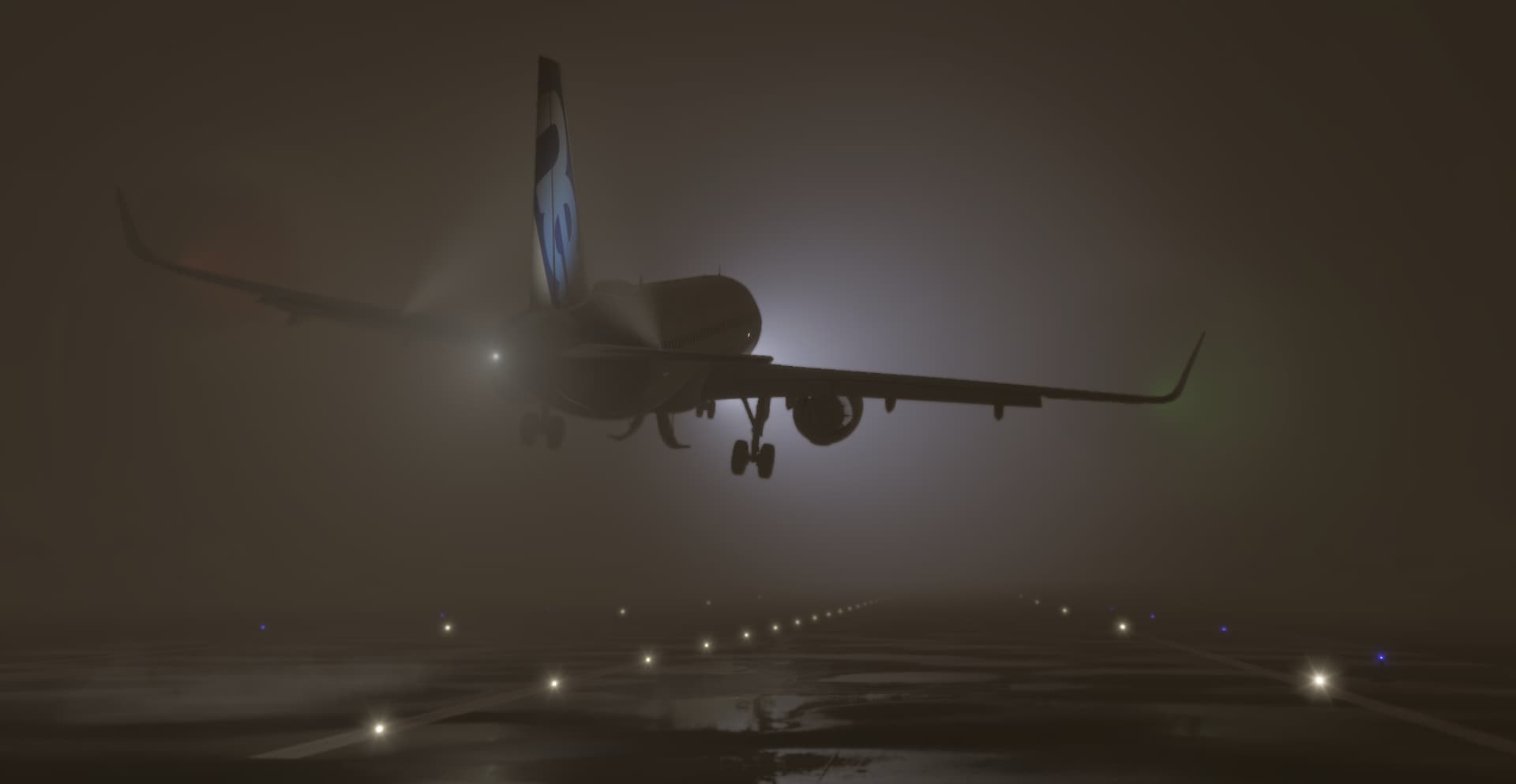 An A320 NEO banks right above a runway during foggy conditions at night