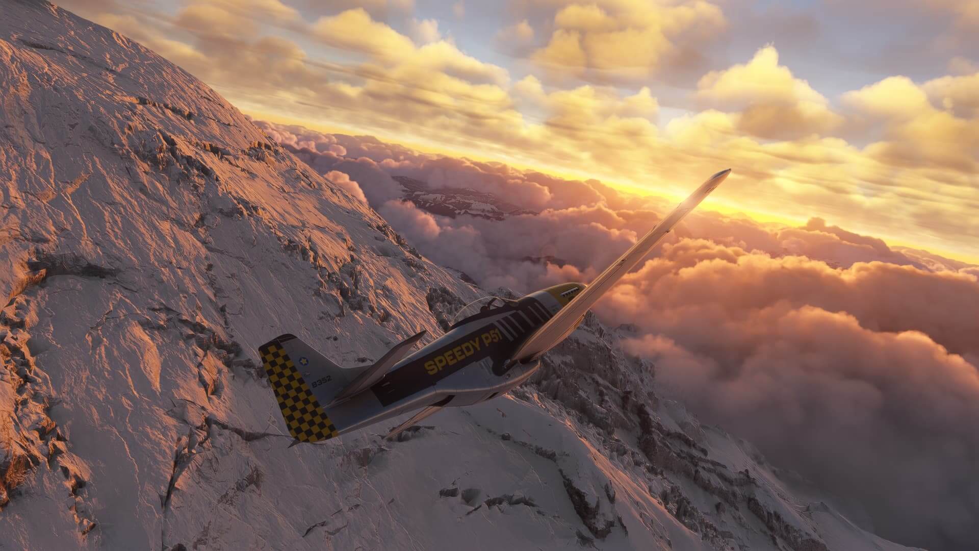 A P-51 Mustang flies towards the sun setting in the distance, whilst passing beside a snowy mountain