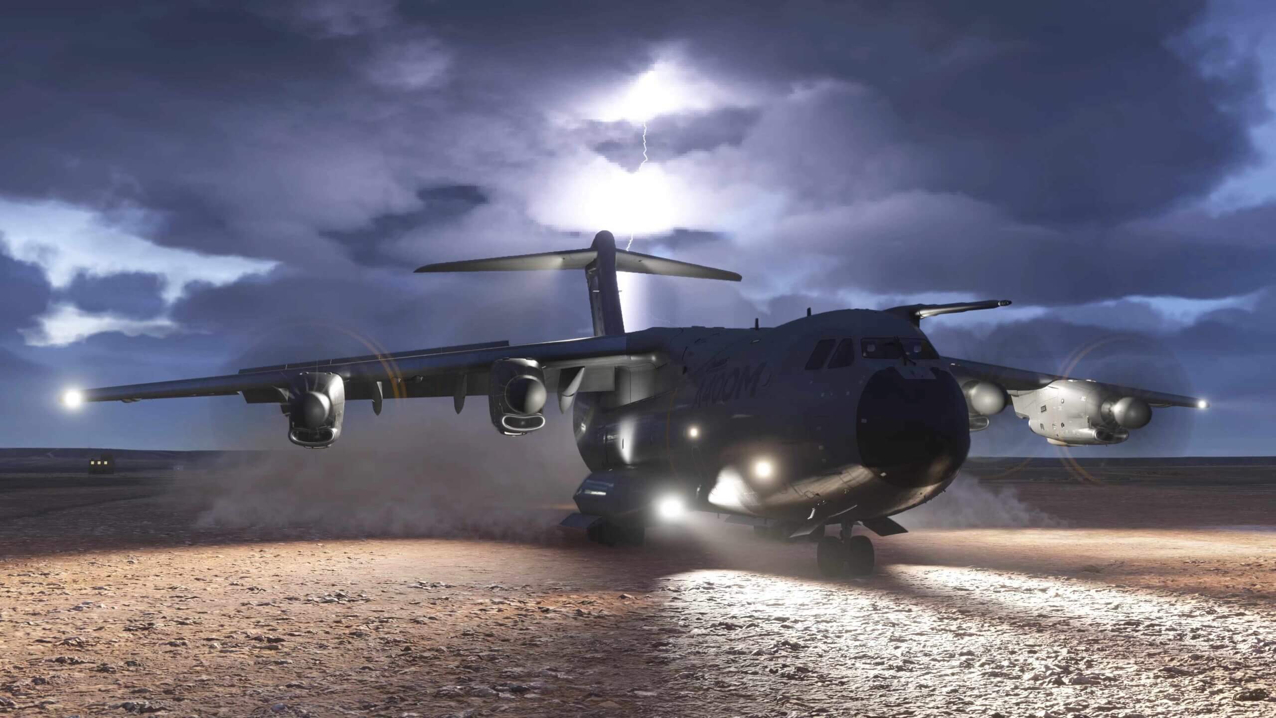 An Airbus A400M on a beach strip with a lightning bolt appearing from stormy clouds above