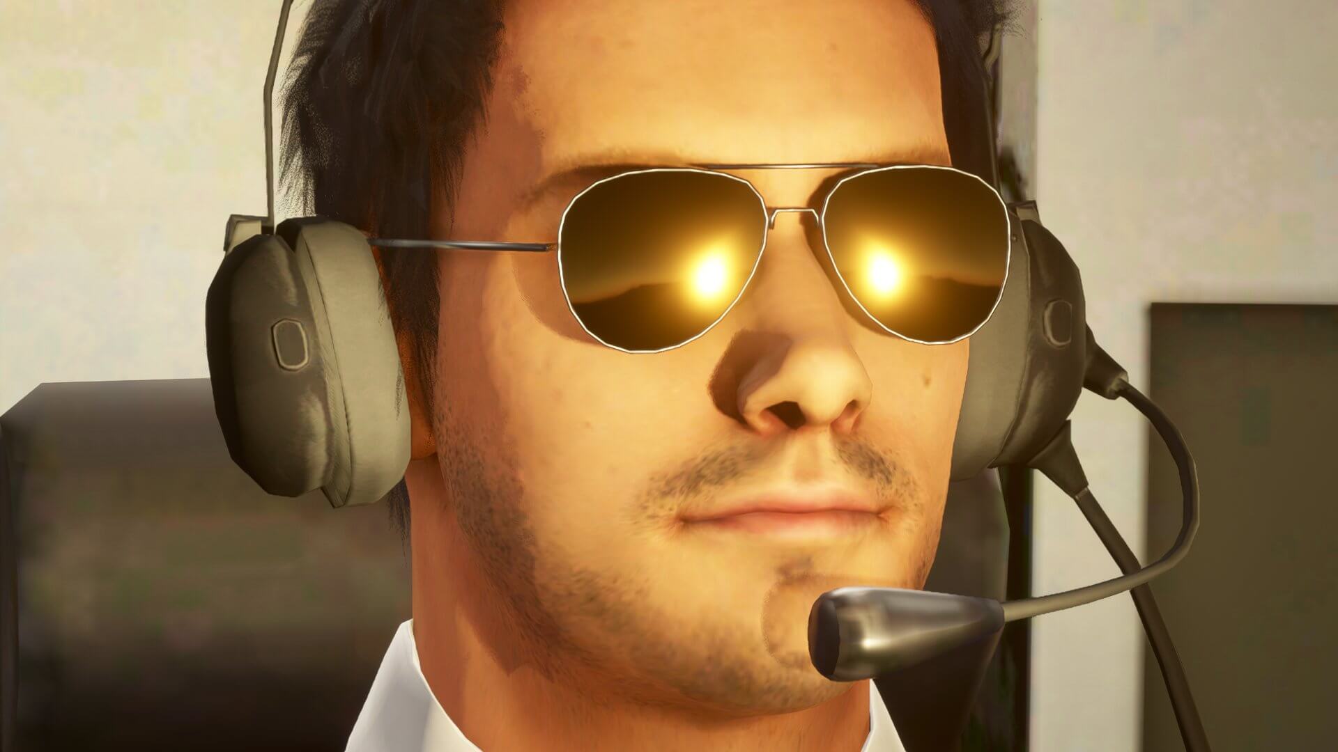 A pilot is blinded by the sun with his sunglasses reflecting back