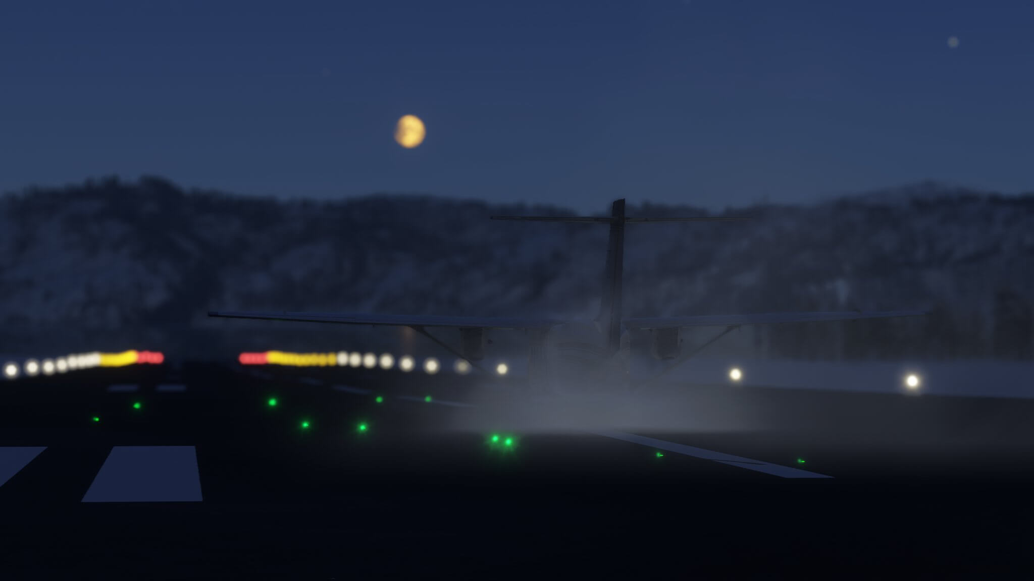 A high wing propeller aircraft on a runway at night with the moon in the distance
