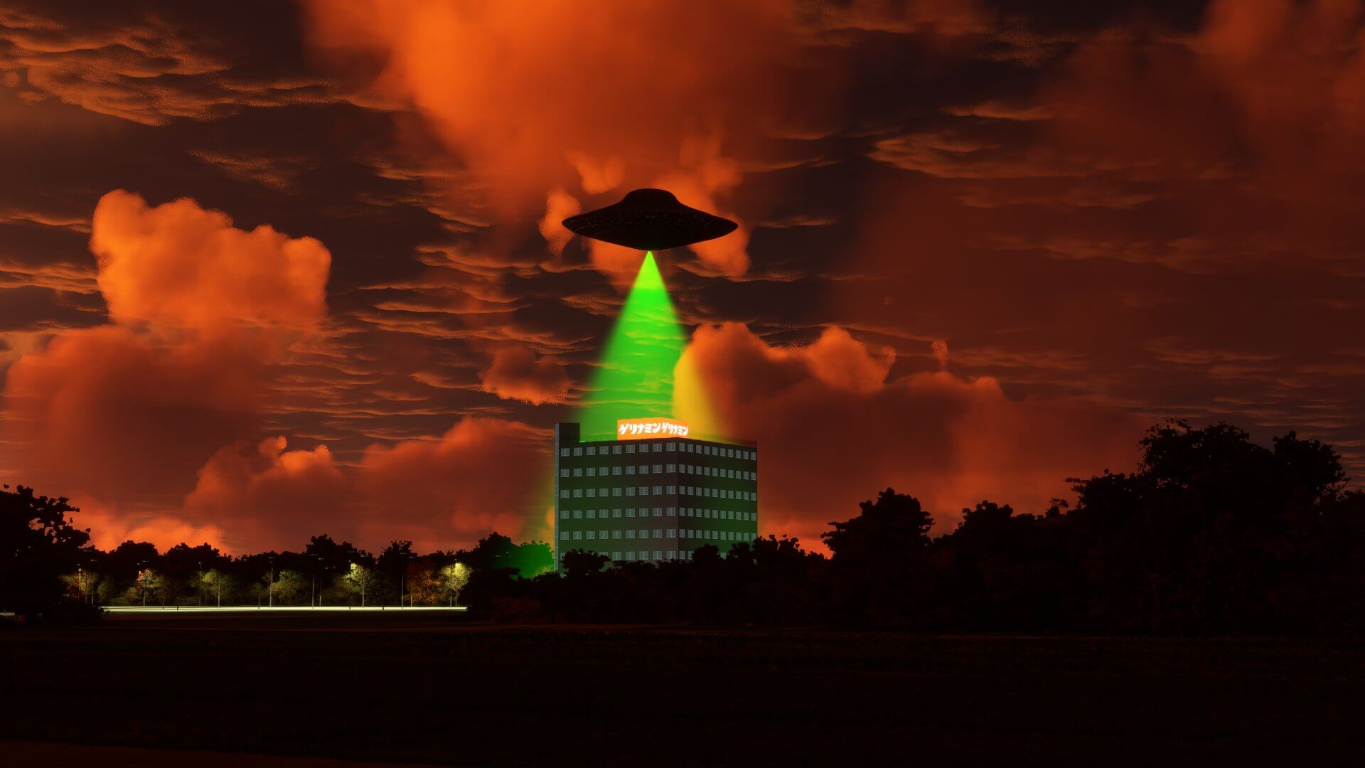 A UFO beams green light on a building in Japan