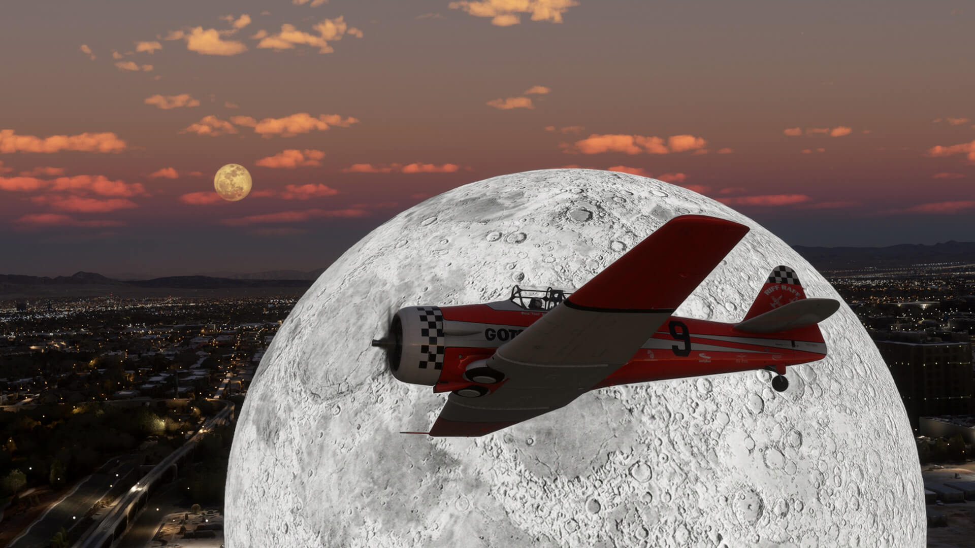 A T-6 Texan flies past the Sphere in Las Vegas, showing a moon image, with the real moon in the distance behind