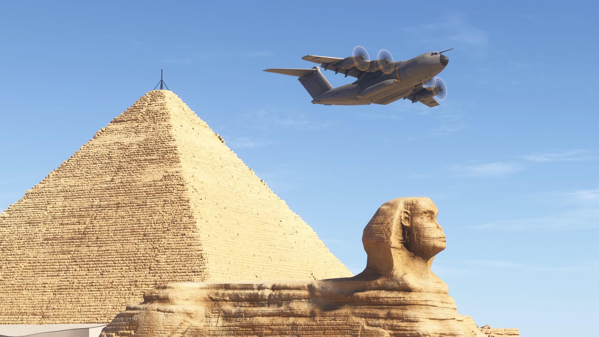 An Airbus A400M flies over the Pyramids of Giza, Egypt