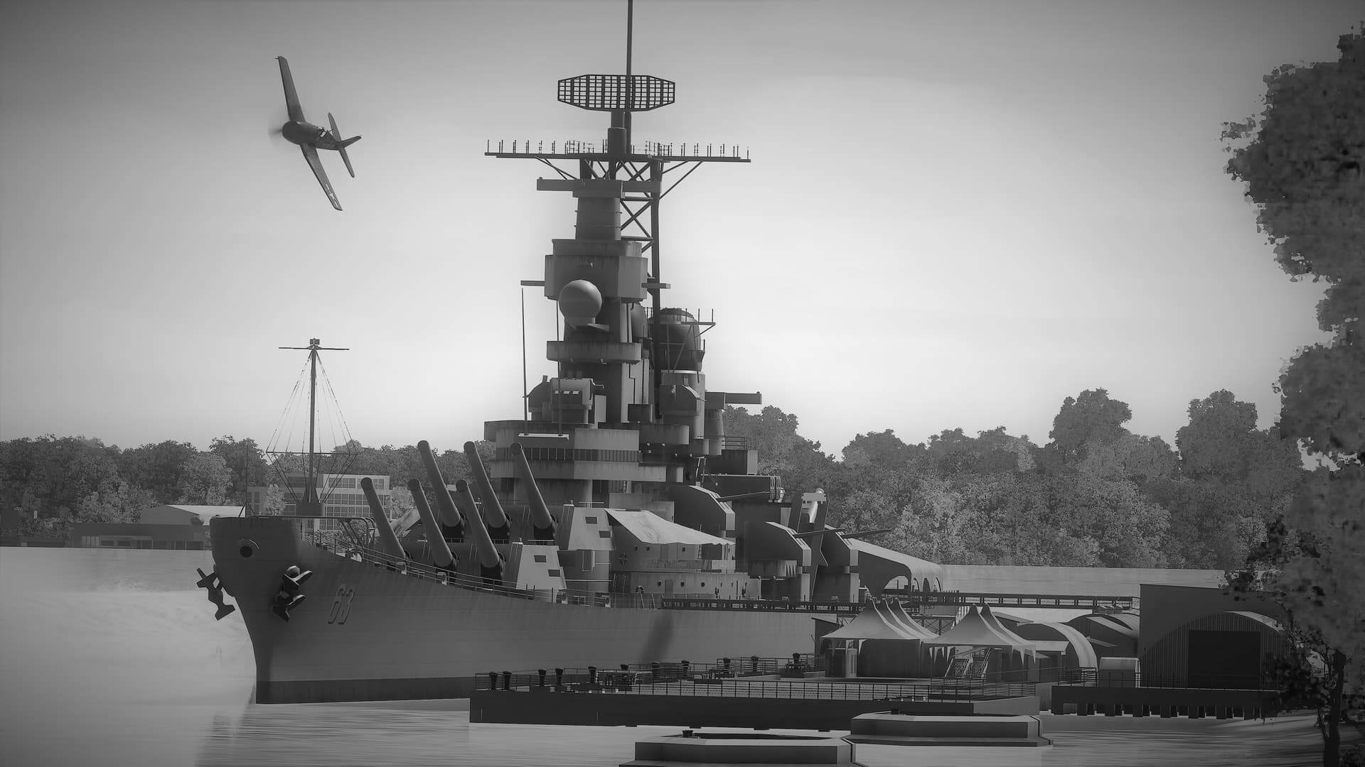 A low wing military fighter jet banks left whilst flying past the USS Missouri