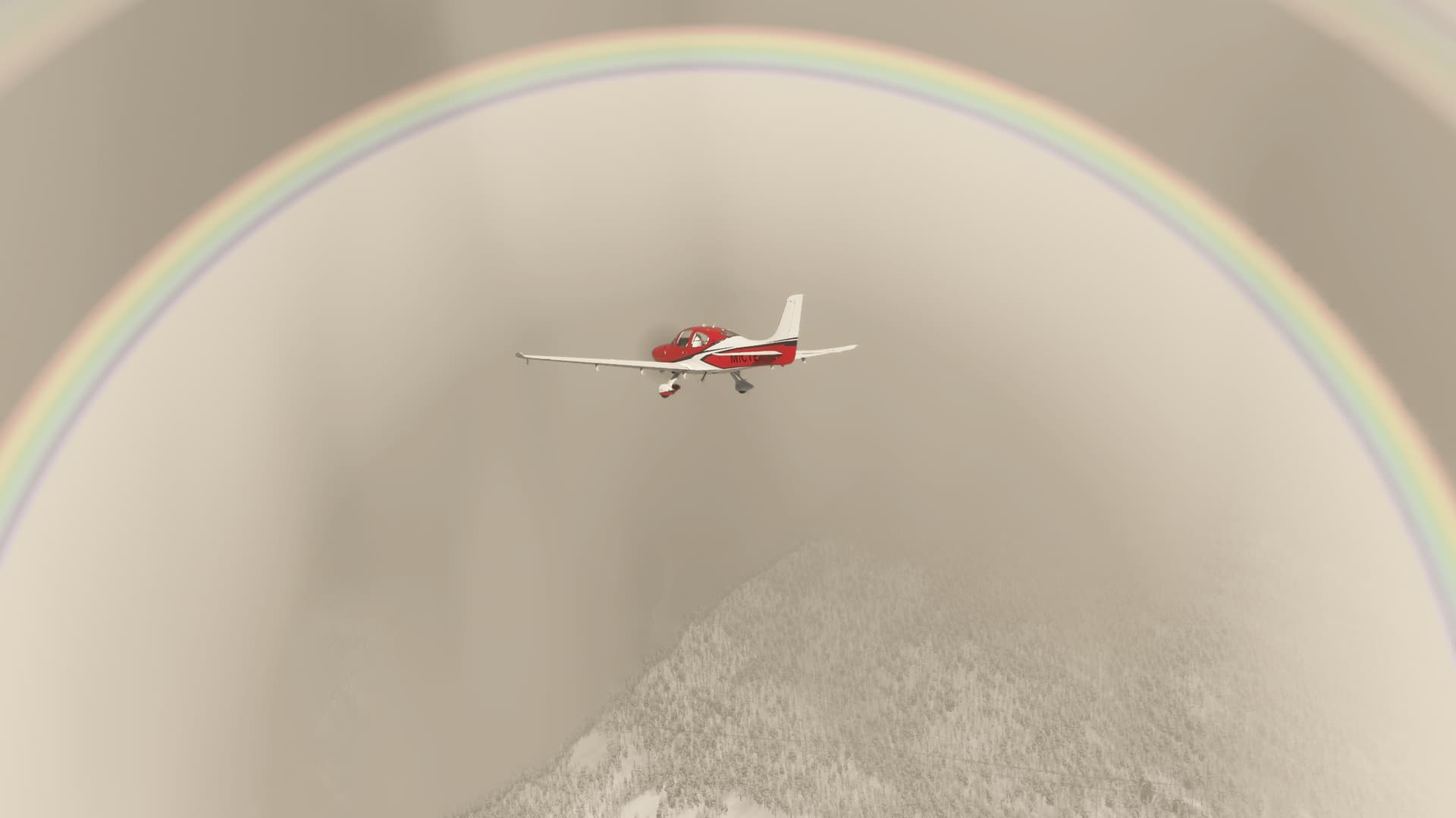 A Cirrus SR-22 flies in between a rainbow