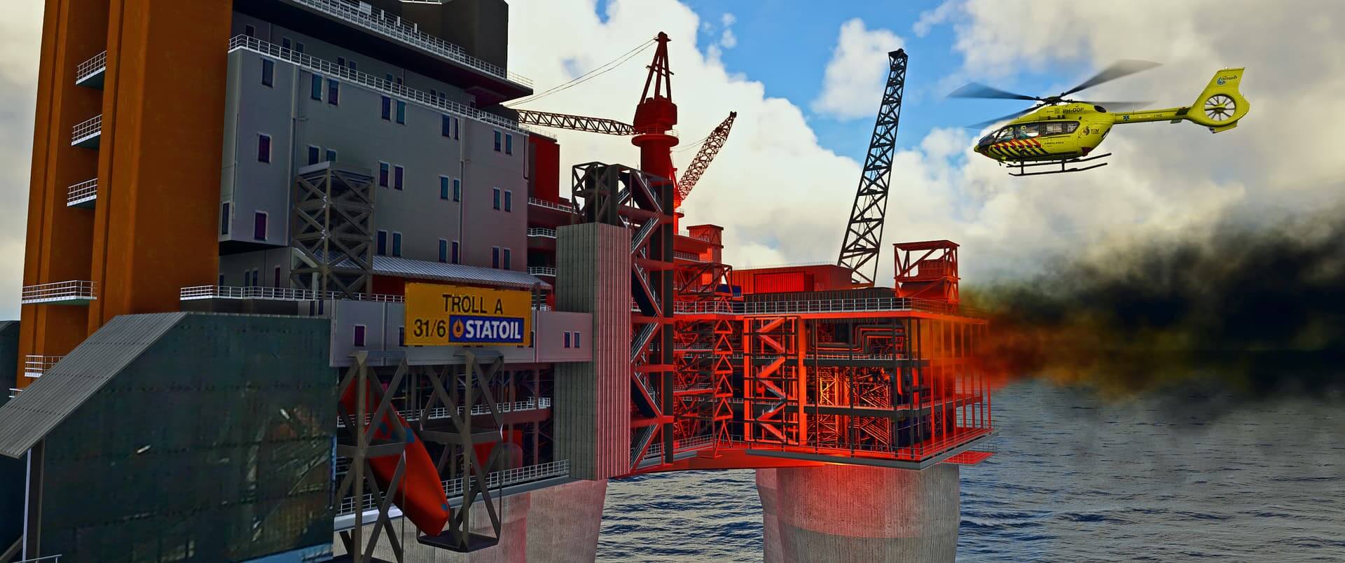 A H145 helicopter hovers over a burning oil rig