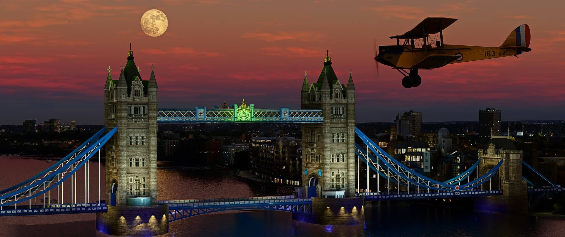A dual wing propeller aircraft flies past Tower Bridge, London at night