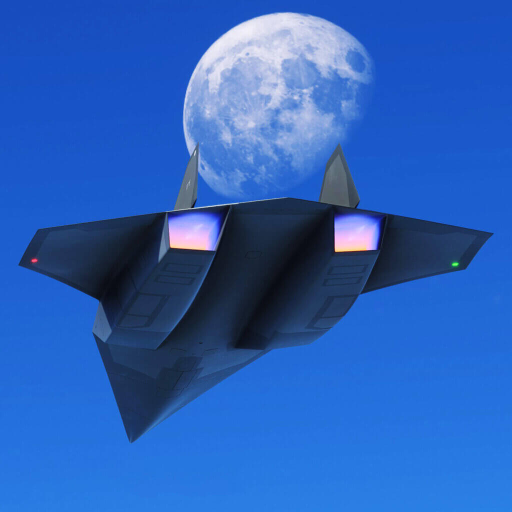 The Darkstar with afterburners engaged flies below a full moon