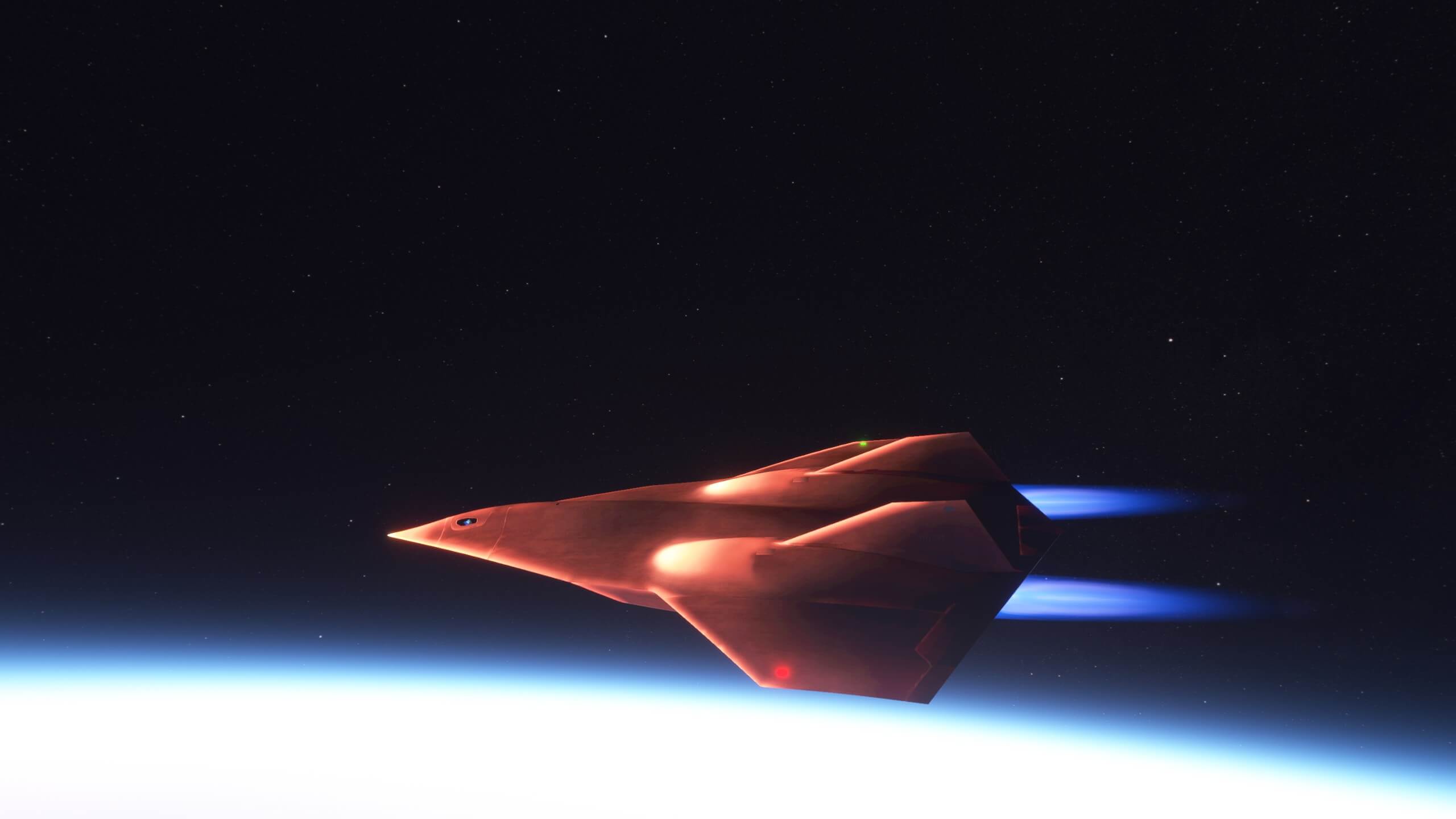 The Darkstar from Top Gun: Maverick cruising at high altitude with afterburners engaged