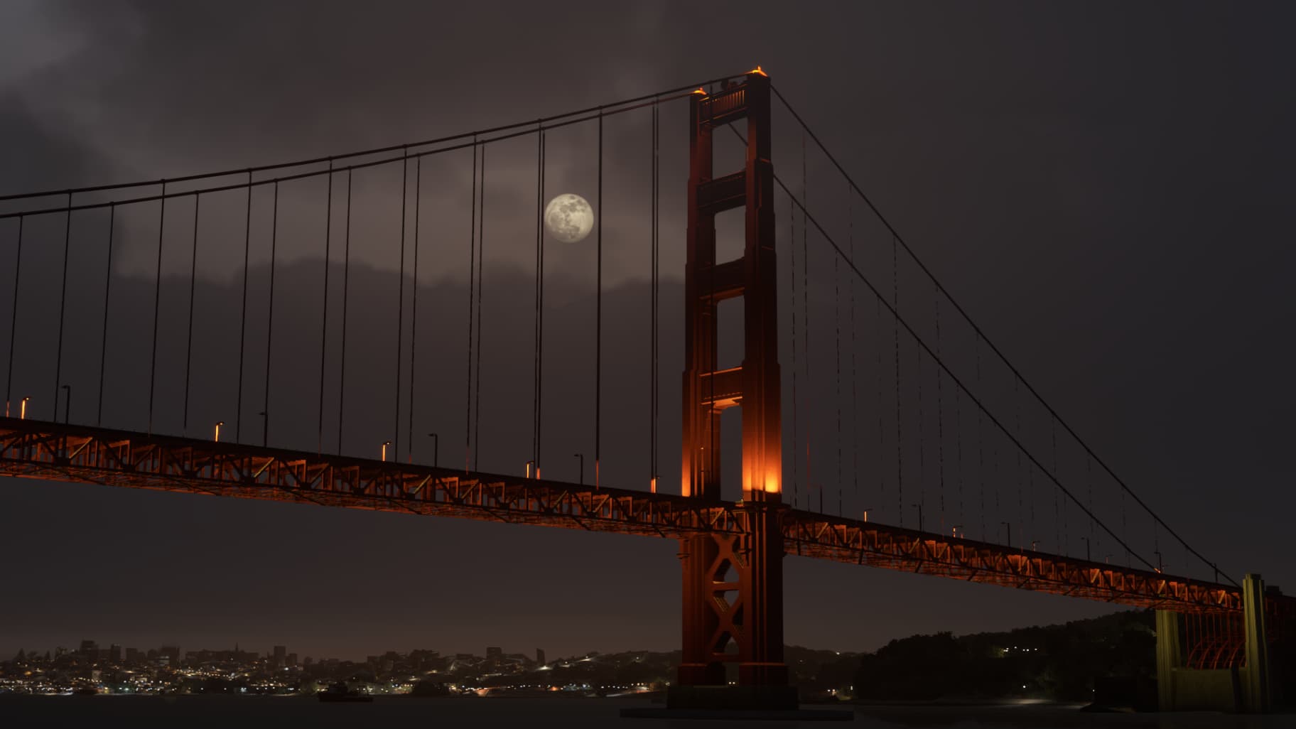 The Golden Gate Bridge, San Francisco with the moon placed between pillars in the distance