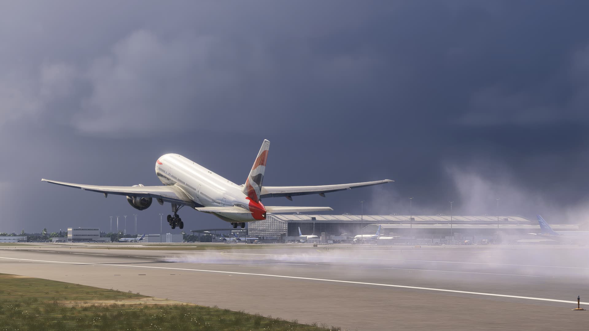 A Boeing 777 in British Airways paint scheme rotates from runway 27L at London Heathrow airport