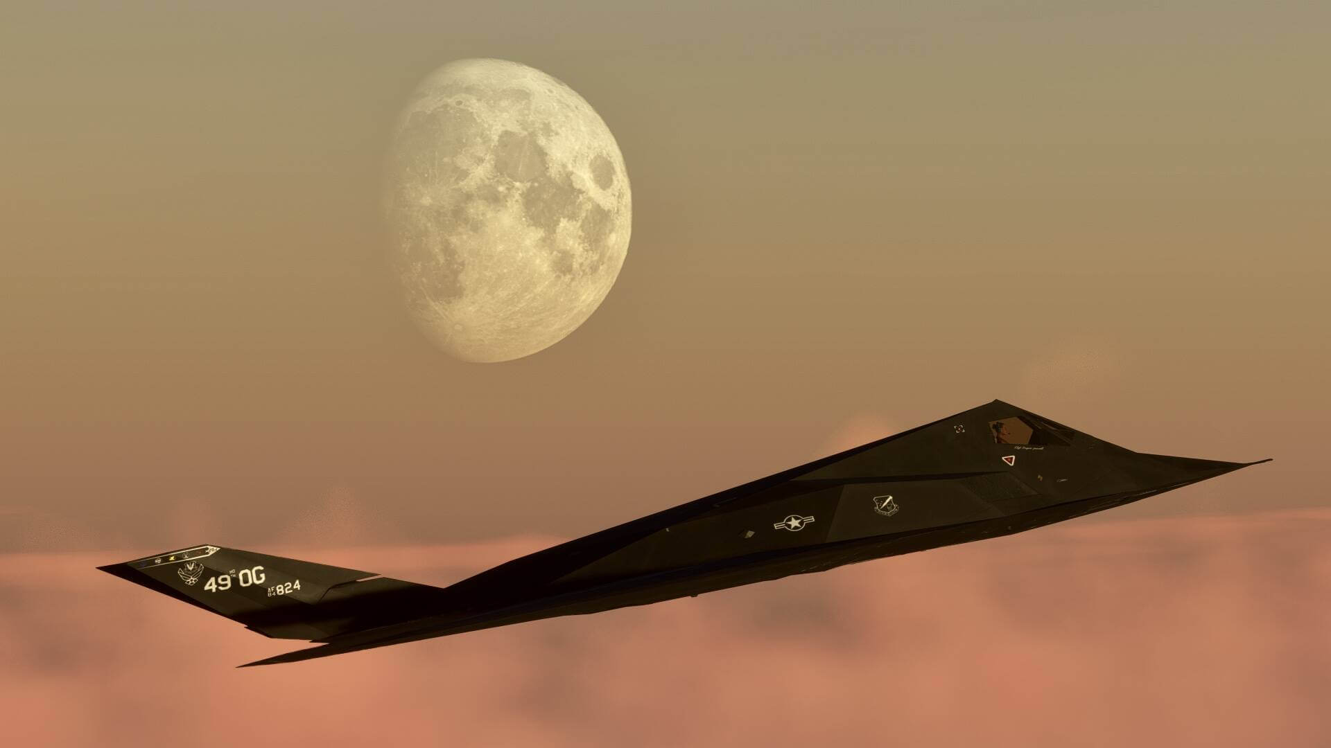 An F-117 Night hawk climbs in flight with the moon behind