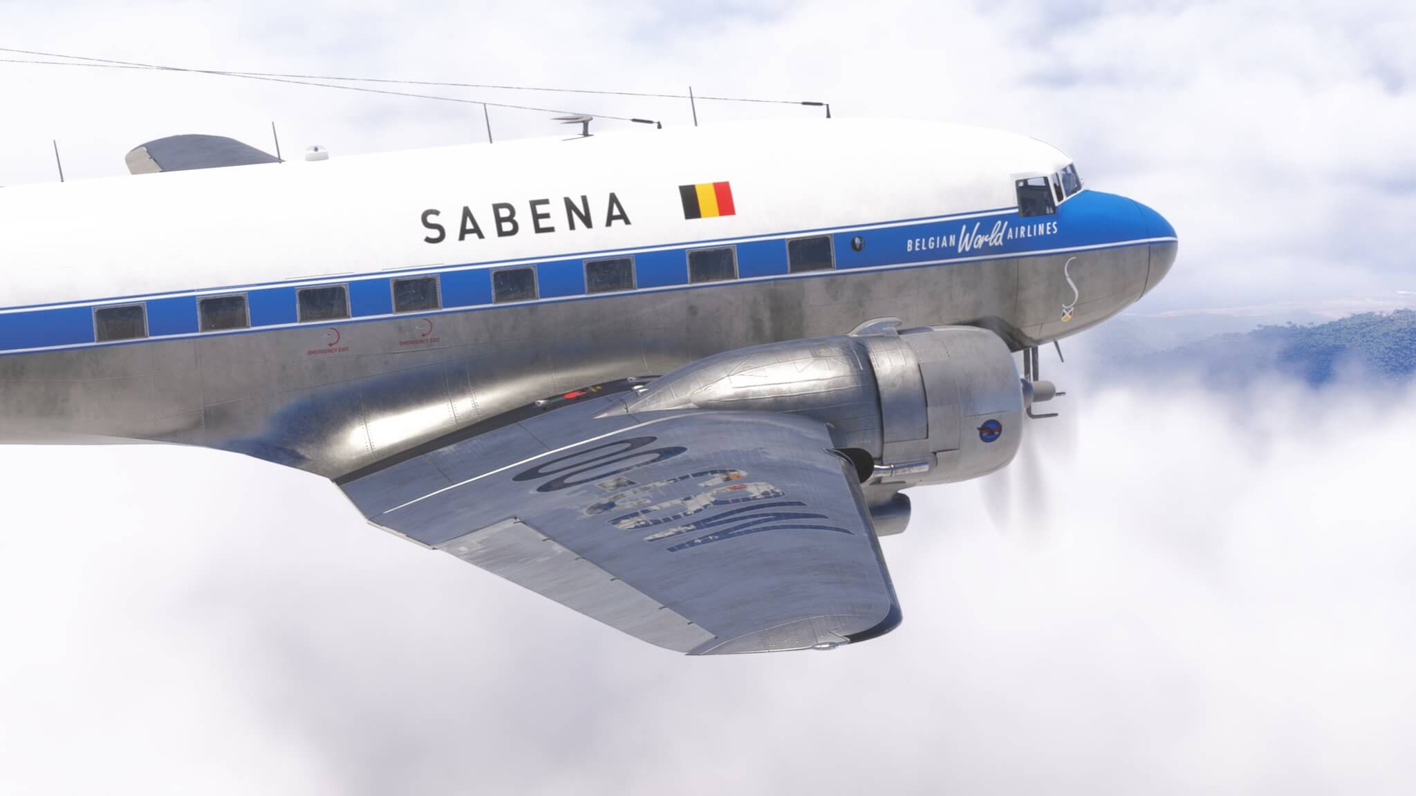 A Sabena DC-3 cruises above dense clouds